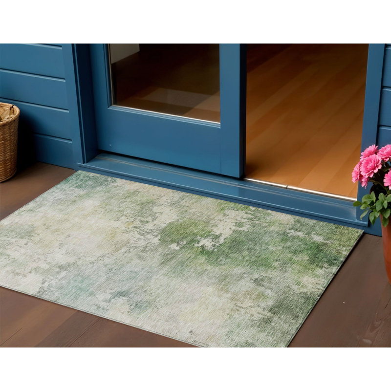 3' X 5' Artichoke Green And Ivory Abstract Washable Indoor Outdoor Area Rug