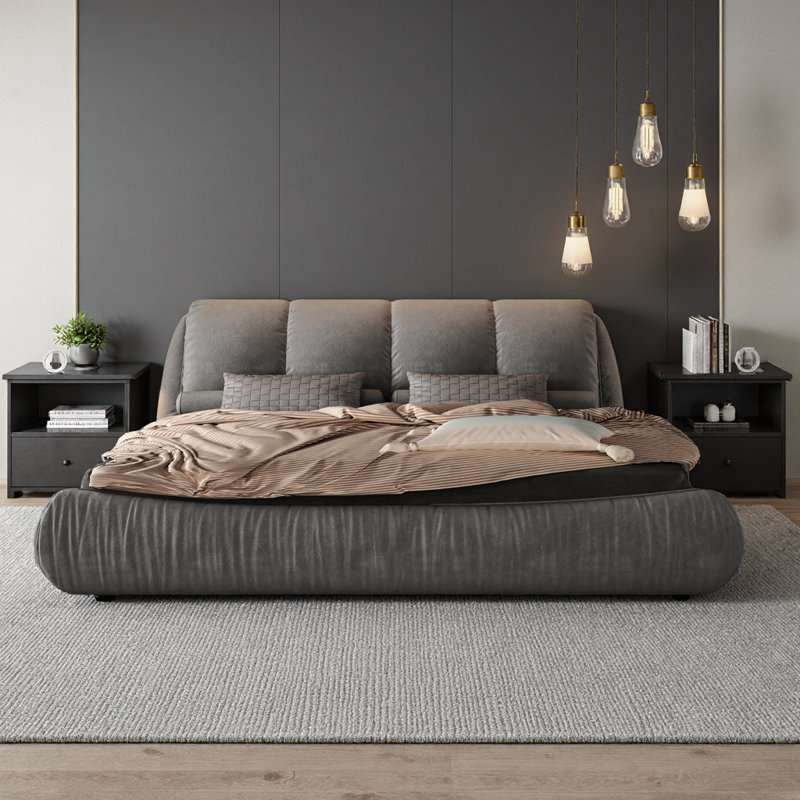 Queen Size Upholstered Platform Bed with Oversized Padded Headboard, Solid Pine Wood Frame - Grey, Gray