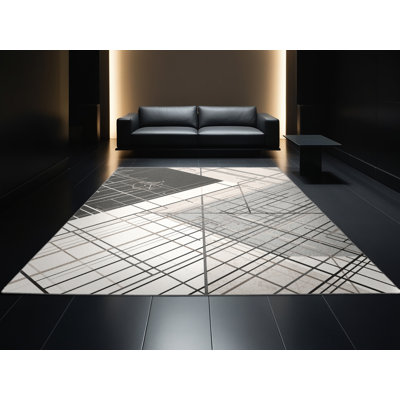 Machine Washable Bemott Sleek & Chic Modern Geometric Shapes Rug in Grey – Grey Binding