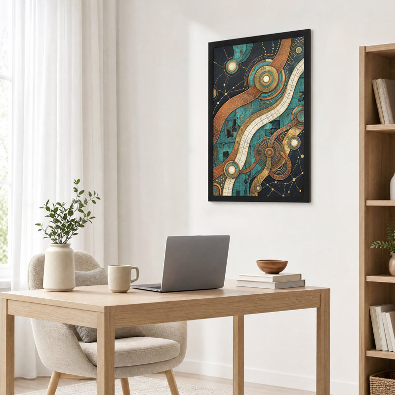 Tableau sur toile à motifs circulaires abstraits turquoise et bronze, H 18 po x l 12 po