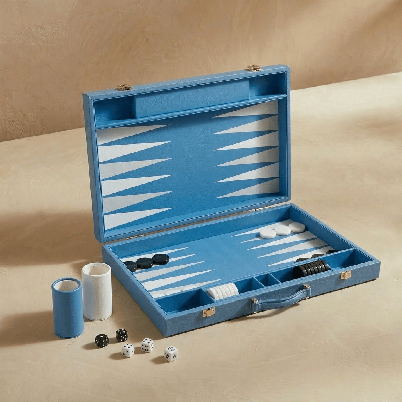 Ensemble de backgammon en cuir bleu et blanc - jeu de luxe