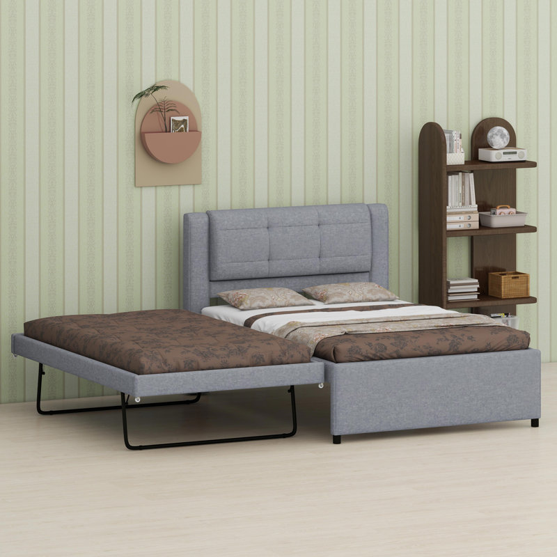 Cadre de lit contemporain à profil bas avec lit gigogne intégré conçu pour être complètement à plat, Grey