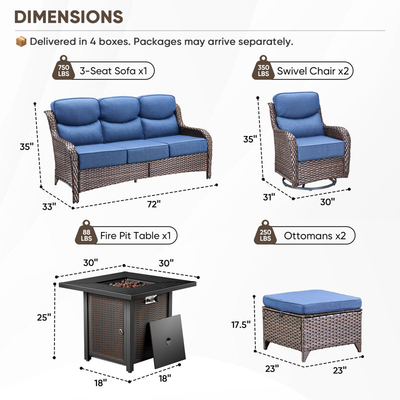 Wickes 6-Piece All-Weather Outdoor Wicker Patio Square Metal Fire Pit Table Conversation Set With Swivel Gliders And Ottomans