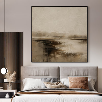 Très grande reproduction d'art sur toile - Paysage neutre doux avec horizon de rivière calme et roseaux subtils dans une atmosphère de ton de terre pour le salon ou la chambre à coucher - «Assemblage requis du cadre (cadre non fini)»