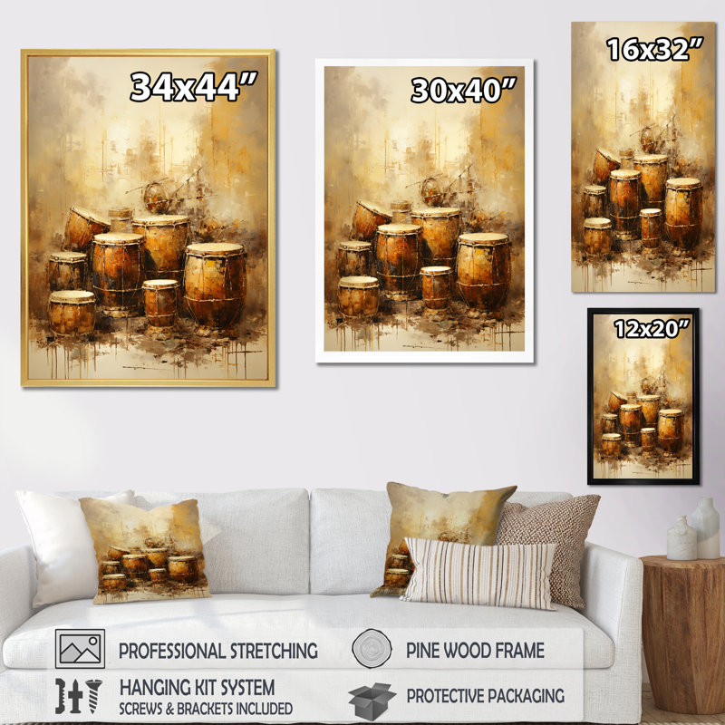 Drum Drum Earthy Brown I sur impression sur toile, Cadre doré simple, H 40 po x l 30 po x P 1,5 po