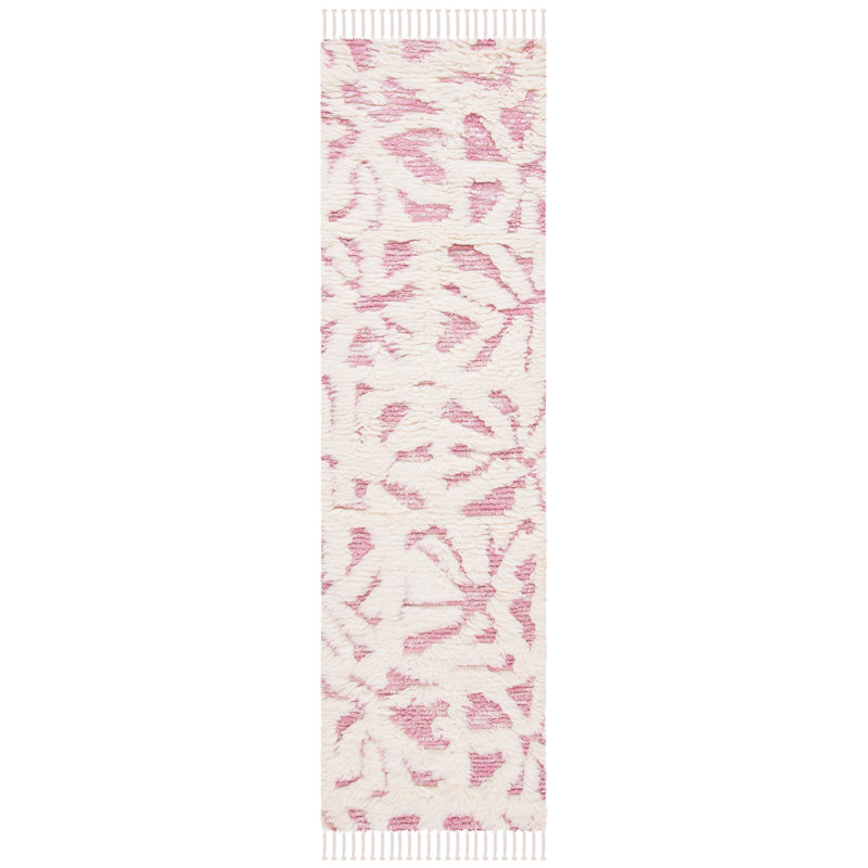 Tapis ivoire / rose en laine noué à la main Driden, Tapis de couloir 2 pi 3 po x 8 pi