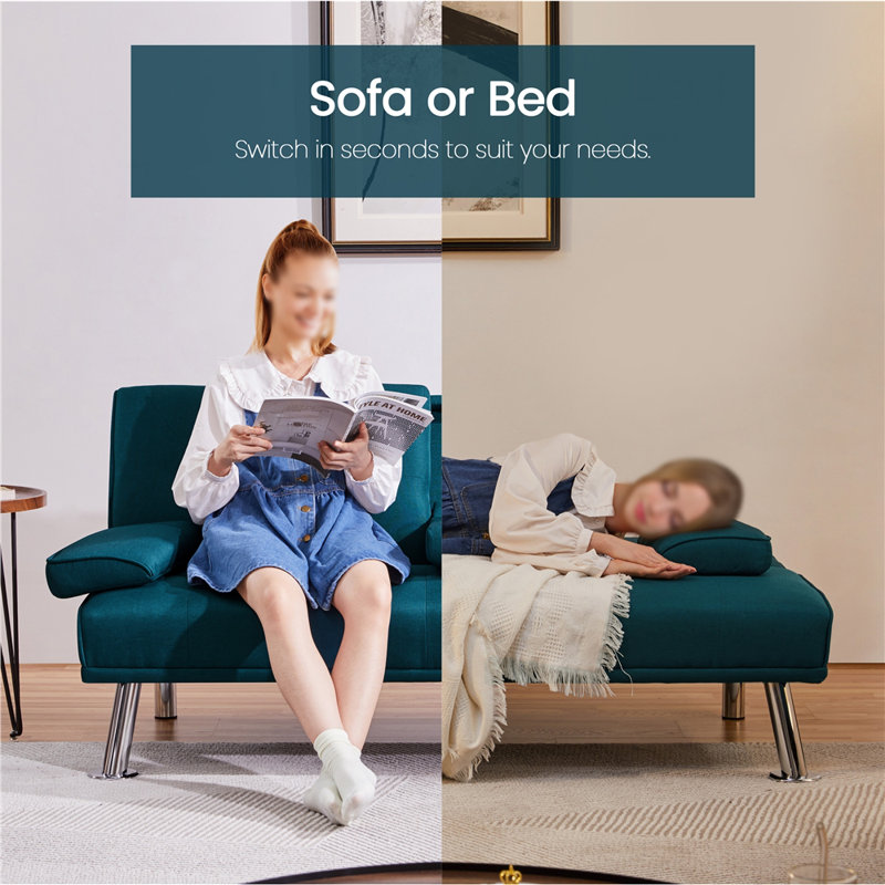 Colour 3-Seater Convertible Futon Sofa Bed, Aqua Blue