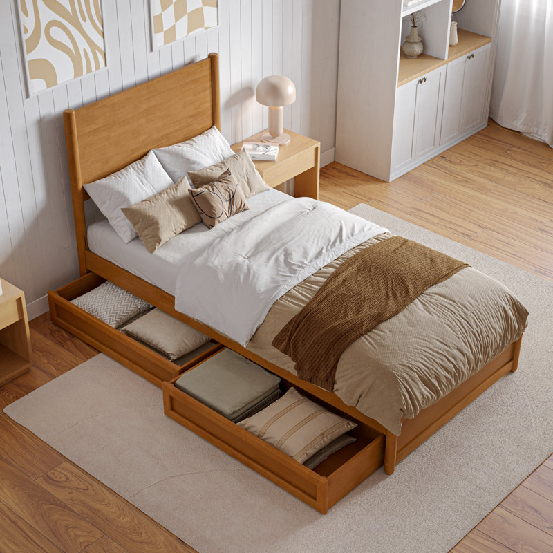 Lit plateforme en bois avec pied de lit et tiroirs de rangement Ronan, Très grand simple, Caramel clair