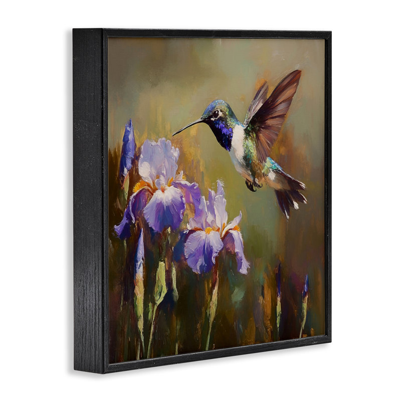 Colibri et iris mauves, estampe numérique, conception de Tina LeCour, H 17 po x l 17 po, Giclée encadrée noir minuit