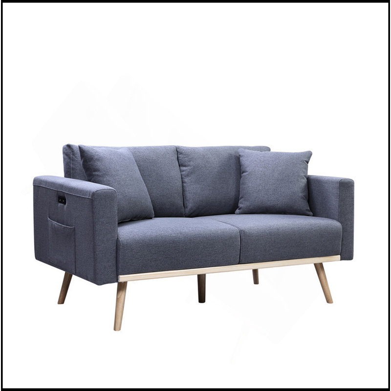 E 56.5" Dark Grey Linen Fabric Loveseat With USB Charging Ports Pockets & Pillows