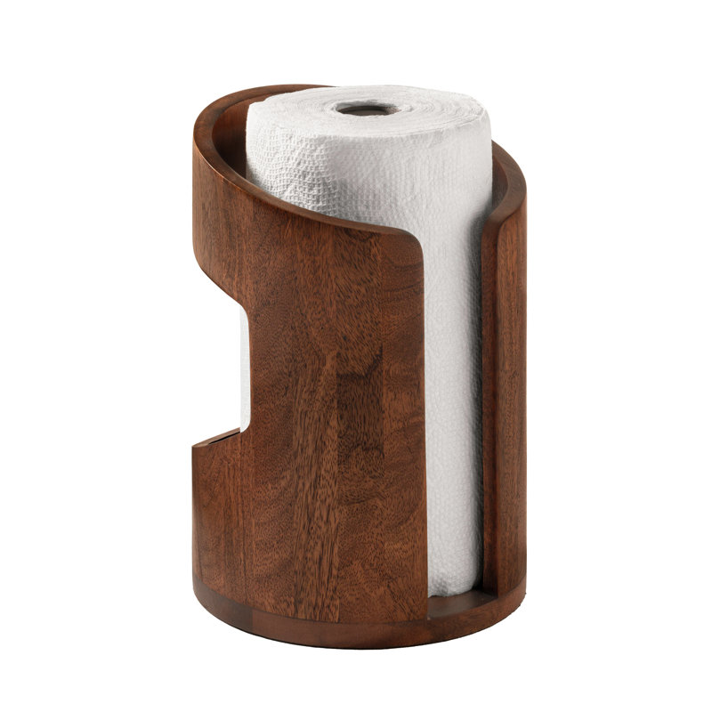 Wooden Paper Towel Holder with Negative Space Design for Kitchen and Table Decor, Anti Skid Base, Eco Friendly Mango Wood & Metal Rod - Walnut / Black