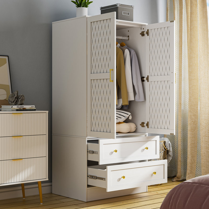 Everly Quinn Freestanding Armoire Wardrobe Closet with 2 Woven Doors ...
