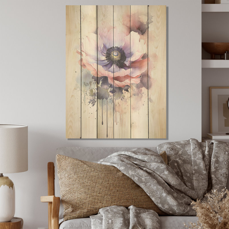 Minimalisme mauve coquelicots beauté - coquelicots, art mural sur bois de pin naturel, H 20 po x l 10 po