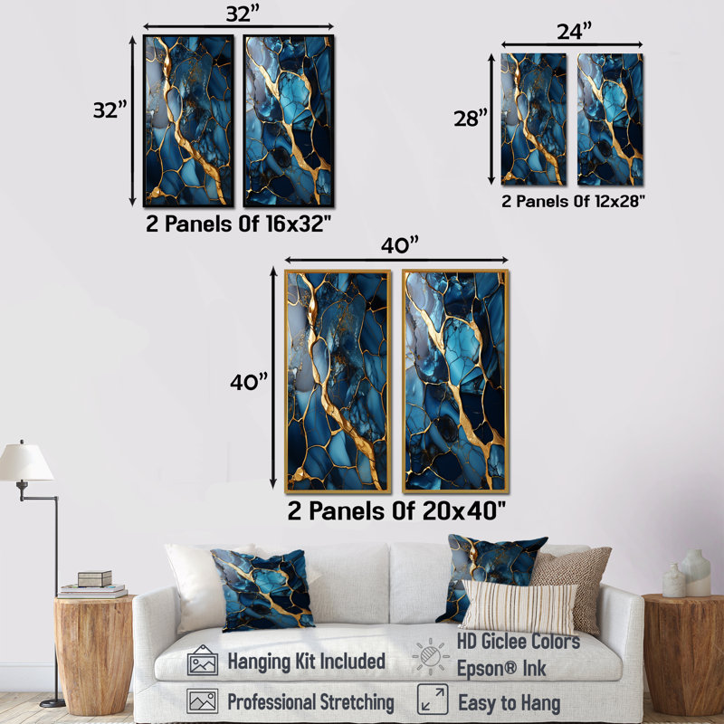 Or et saphir bleu marbre mosaïque IV - ensemble de 2 décorations murales abstraites, Toile tendue, H 28 po x l 25 po