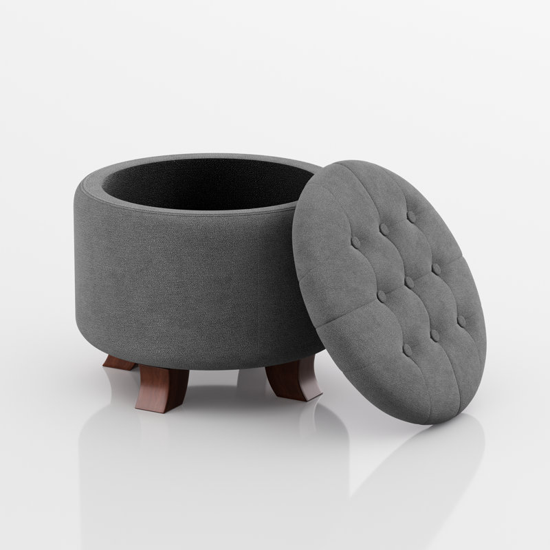 Storage Ottoman With Padded Seat, Modern Cotton-Linen Footrest, Round Stool For Living Room Bedroom, Lava Gray