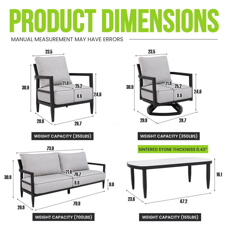 Ensemble de conversation de patio en aluminium 4 pièces Ember Black avec coussins Sunbrella