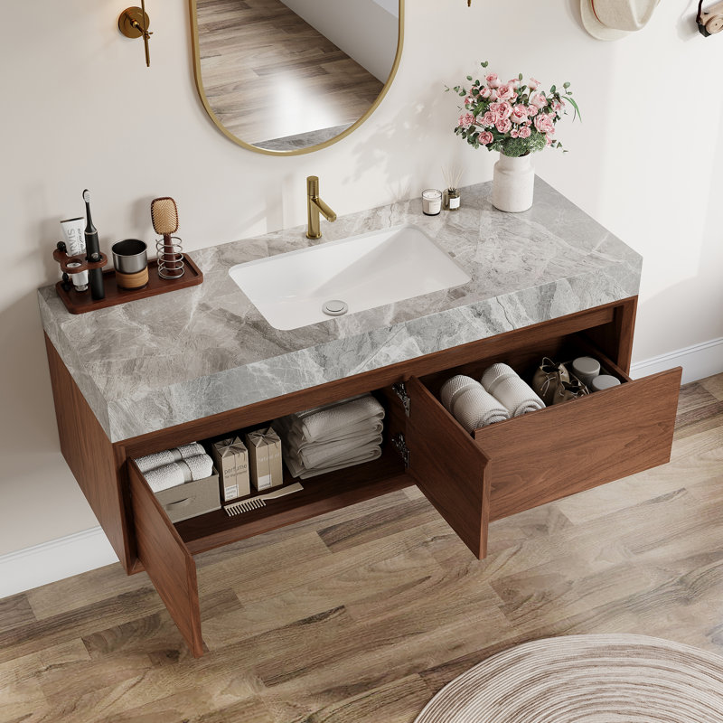 Ensemble de meuble-lavabo simple 36 po avec lavabo en céramique Latrey, 2 armoires en bois naturel