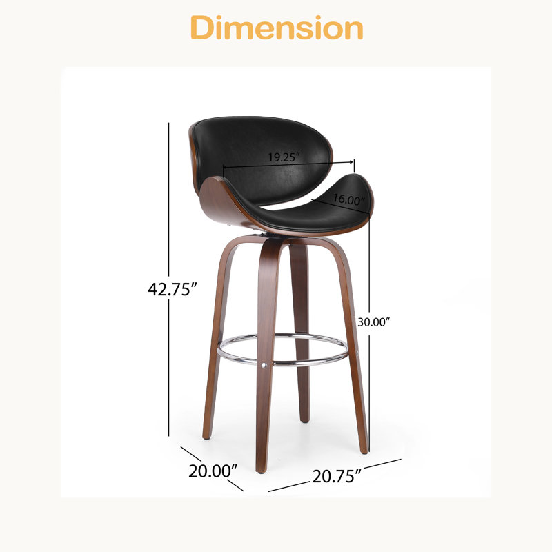 Tabouret de bar pivotant Mid-Century, Siège noir / structure Wanut