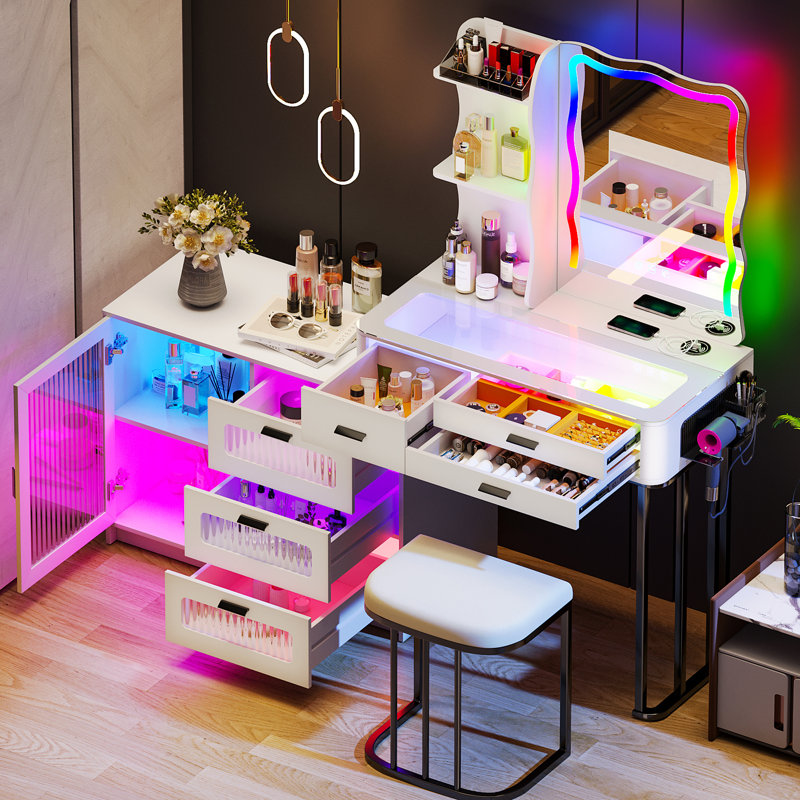 Makeup Vanity Table With Charging Station, Glass Top, Rgb Lights, 6 Drawer Dresser, Storage Cabinet, White