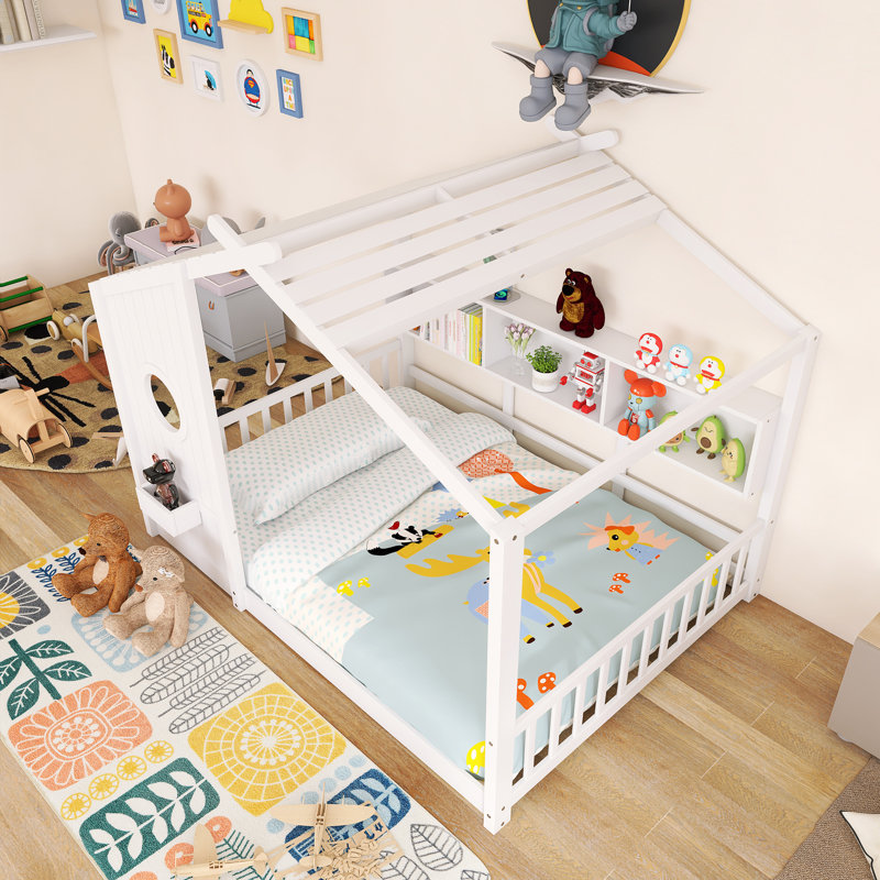 Lit maison sur pied en bois avec tablette de rangement, Lit double, Blanc
