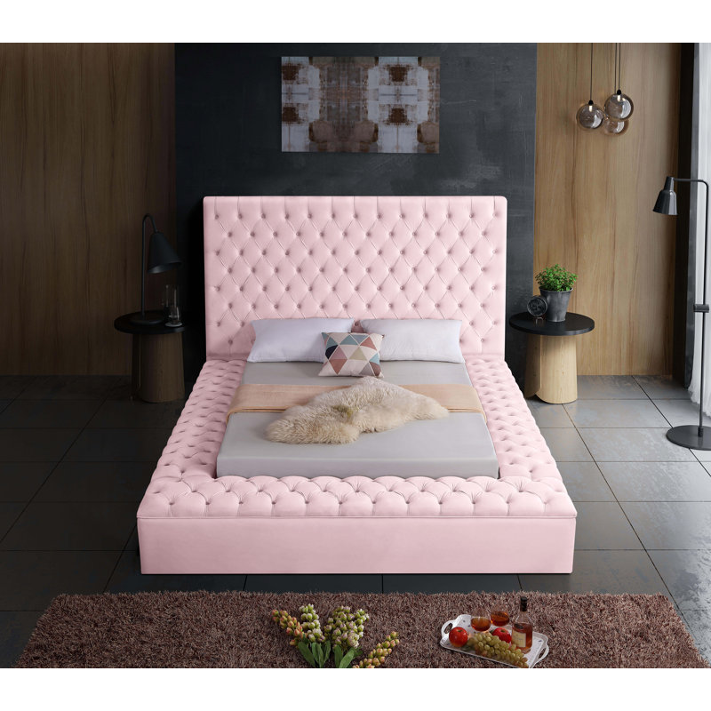 Lit plateforme tapissier avec rangement Johnnay, Double, Velours rose