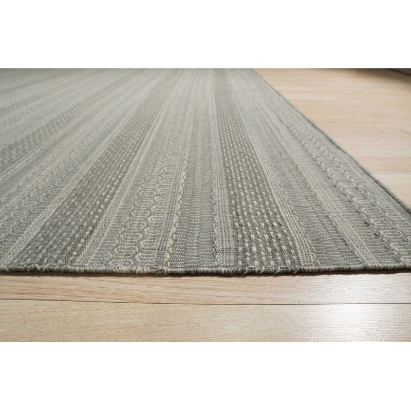 Gray Hand-Knotted Wool Striated Bands Geometric Modern Contemporary Carpet Rug, 8' x 10'