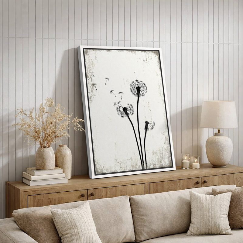 Pissenlit «Simple Whimsy Flying Dandelion, H 24 po x l 16 po, Toile encadrée, Blanc