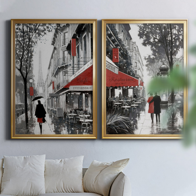 «Rainy Paris I», ensemble de 2 reproductions d'art, H 22,5 po x l 61 po x P 1,5 po, Toile encadrée dorée, Pas de tapis