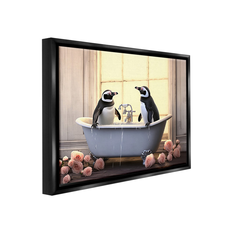 «Penguins Bathing In Tub Floater Frame» par Lazar Studio sur toile, Cadre flottant noir de jais, H 17 po x l 21 po