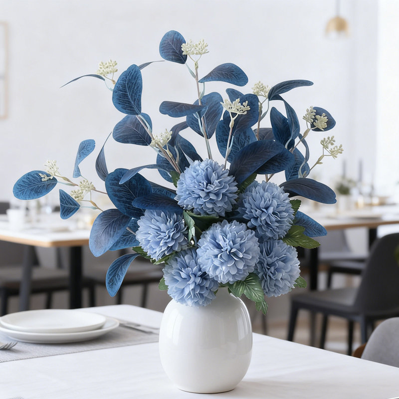 1 Bunch Artificial Chrysanthemum Bouquet, 21 Inch Simulated Silk Flower Greenery, Home Garden Kitchen Office Table Vase Decorative Flowers, Dark Blue