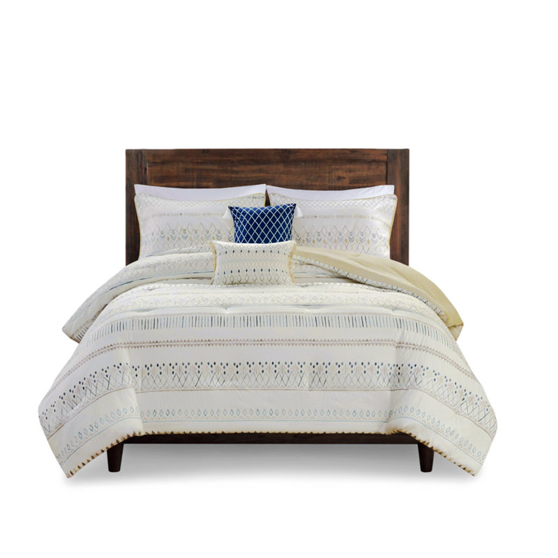 Polyester Comforter, King Comforter + 4 Pillowcases, Taupe/Blue Geometric Shapes