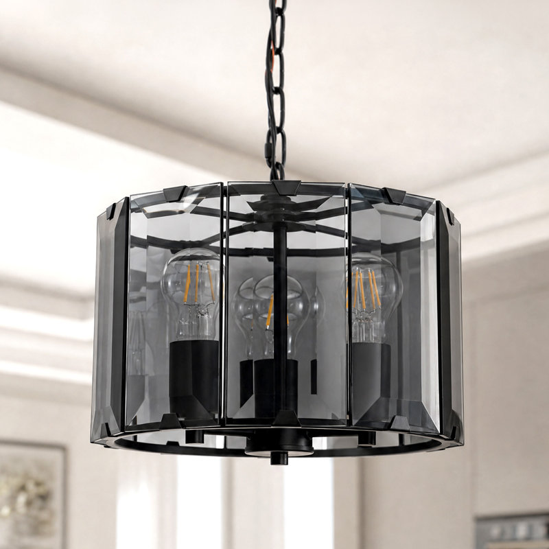 13" 3-Light Matte Black Smoked Flat Panel Glass Drum Chandelier