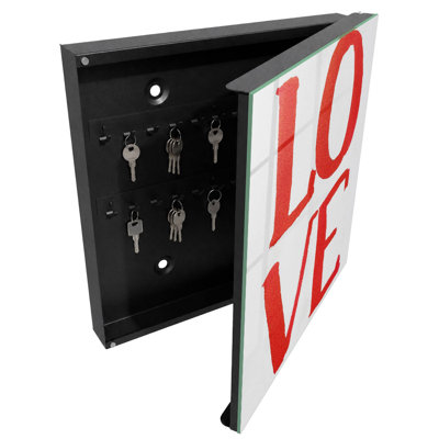 Decorative key box for wall, Opens to the left, 30x30x5, White, Red LOVE lettering on a white background, 