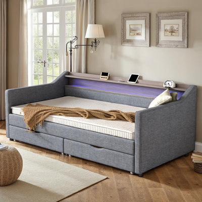 Canapé-lit en lin rembourré avec lumière, rangement, port USB / Type-C Linen