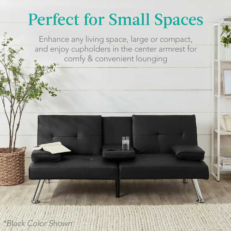 Owlex Modern Convertible Futon Sofa w/ Removable Armrests, 2 Cupholders, Green Faux Leather