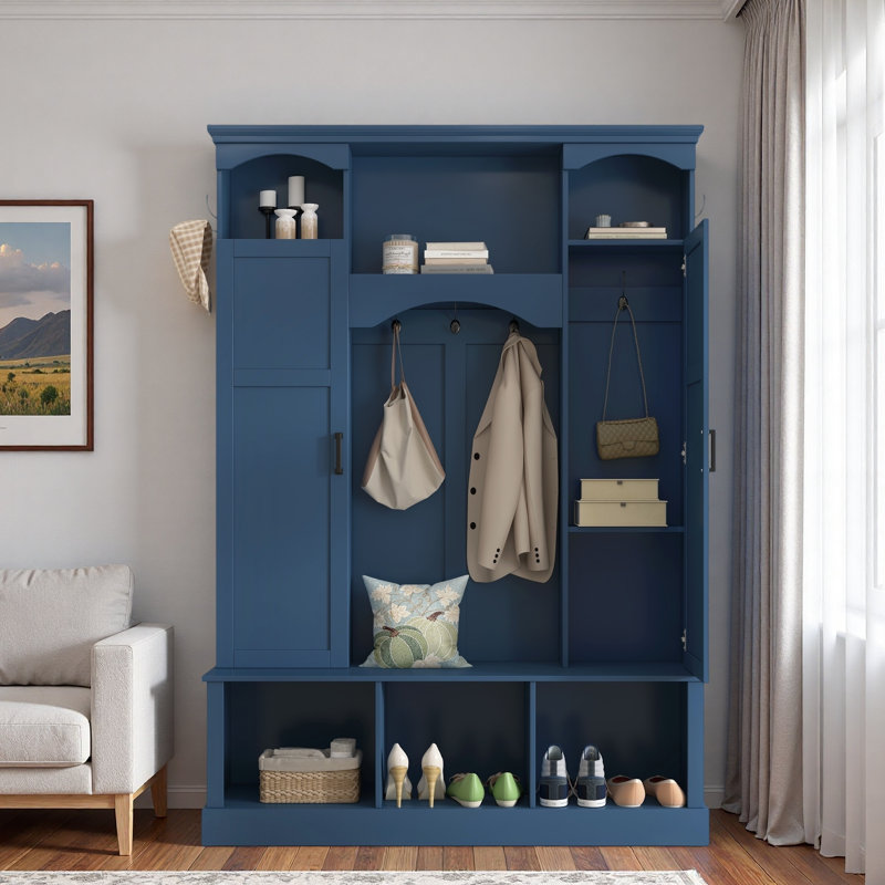 Modern Hall Tree With Adjustable Shelves, Side Cabinets, Top Compartments And Hooks, Blue