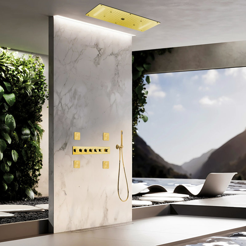 Novara Thermostatic Recessed Ceiling Mount Rainfall LED Shower System, Brushed Gold, Lever