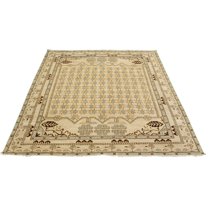 Tapis décoratif en laine kaki clair de conception unique 8 pi x 9 pi 9 po Bunyamin noué à la main New Age
