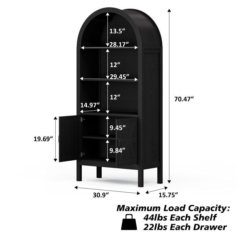 70.47*30.9 inch Ghian Arched Display Storage Bookcase with Open Shelves and Cabinet