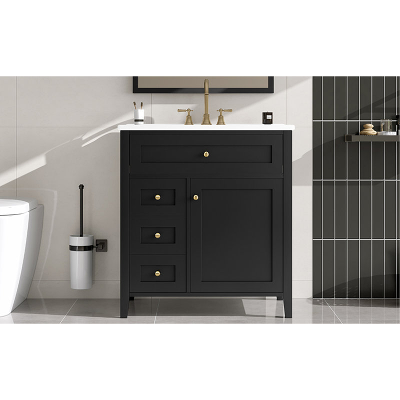 Meuble-lavabo de 30 pouces avec lavabo, panneau de fibres à densité moyenne moderne et bois d'hévéa avec 3 tiroirs et tablette réglable, meuble-lavabo autoportant pour le rangement et l'organisation de la salle de bain