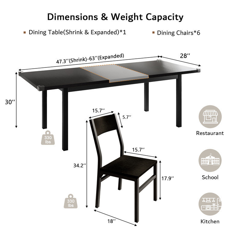Ensemble de table de salle à manger 63 "pour 4 à 6 personnes, ensemble de table de salle à manger 63 pièces avec 6 chaises