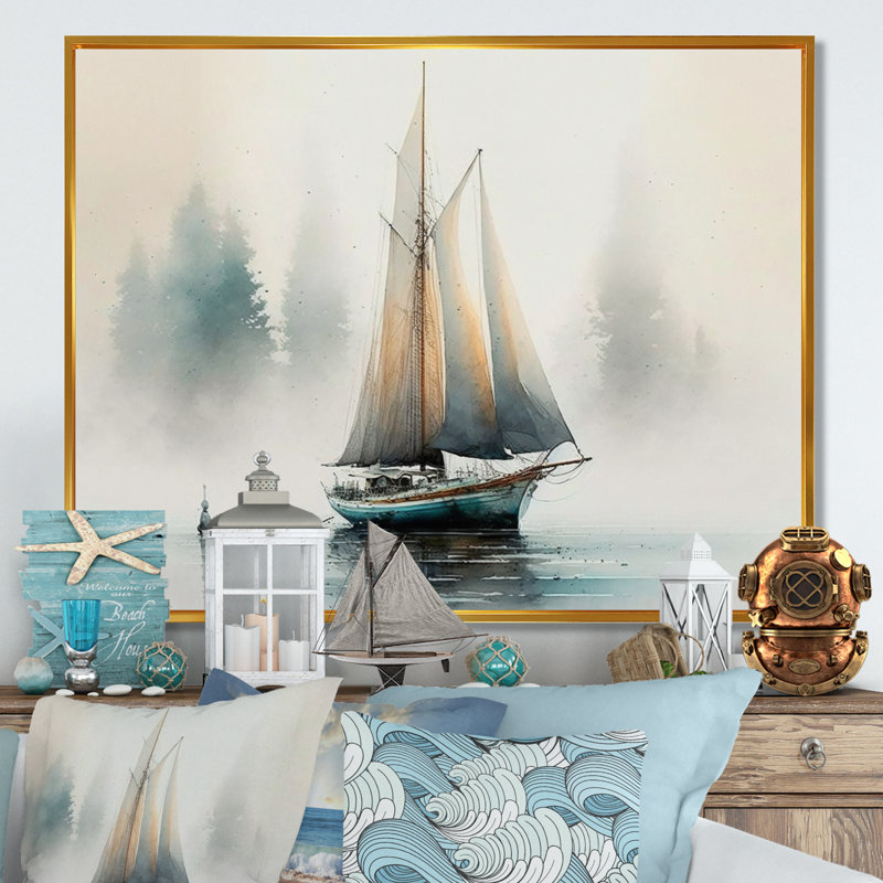Voilier ancré - art sur toile de bateau côtier, H 24 po x l 32 po x P 1 po, Cadre flottant doré