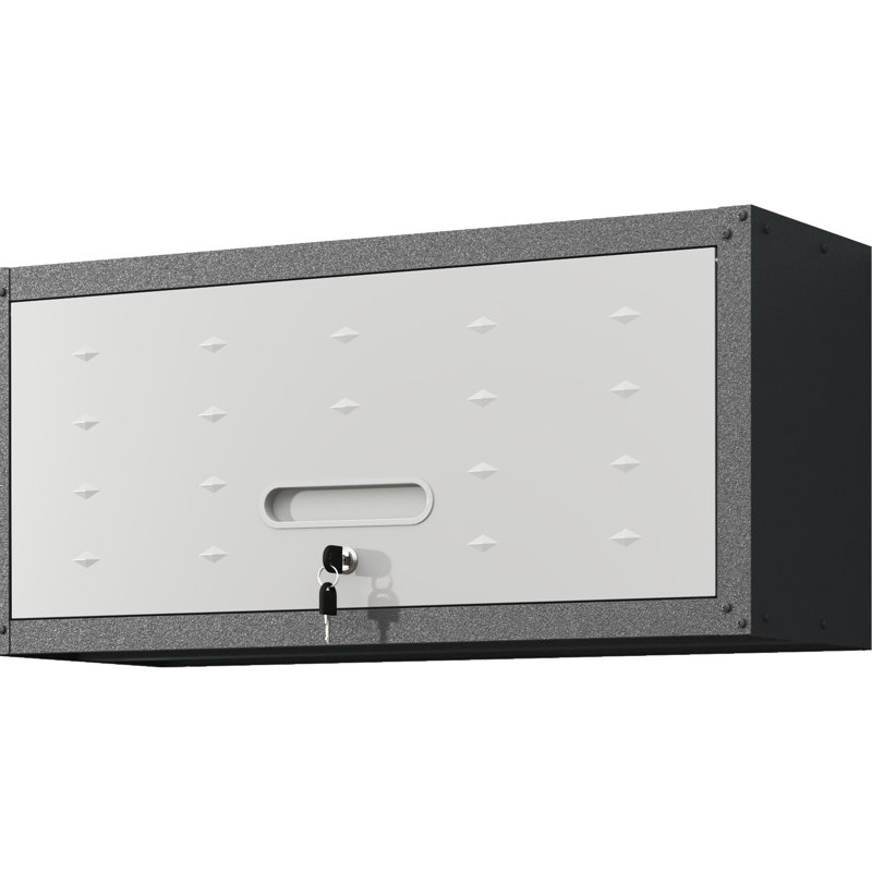 Armoire de rangement de garage en métal - robuste. Vaste espace pour les outils, serrure sécurisée, ouverture hydraulique. 11,95 po L 13,32 po x P 29,49 po. Noir + gris. Garage moderne avec outils noirs et gris, atelier.