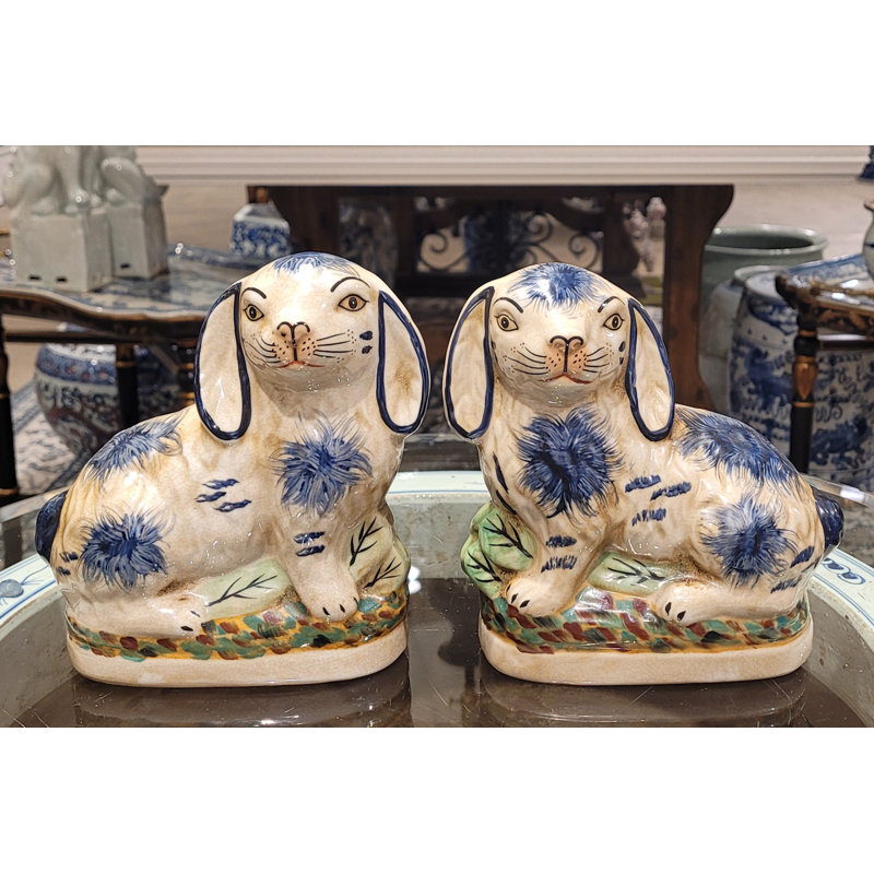 Small Staffordshire Bunny Hares Figurine, Blue/Cream, 6.5" H x 6" W x 3" D