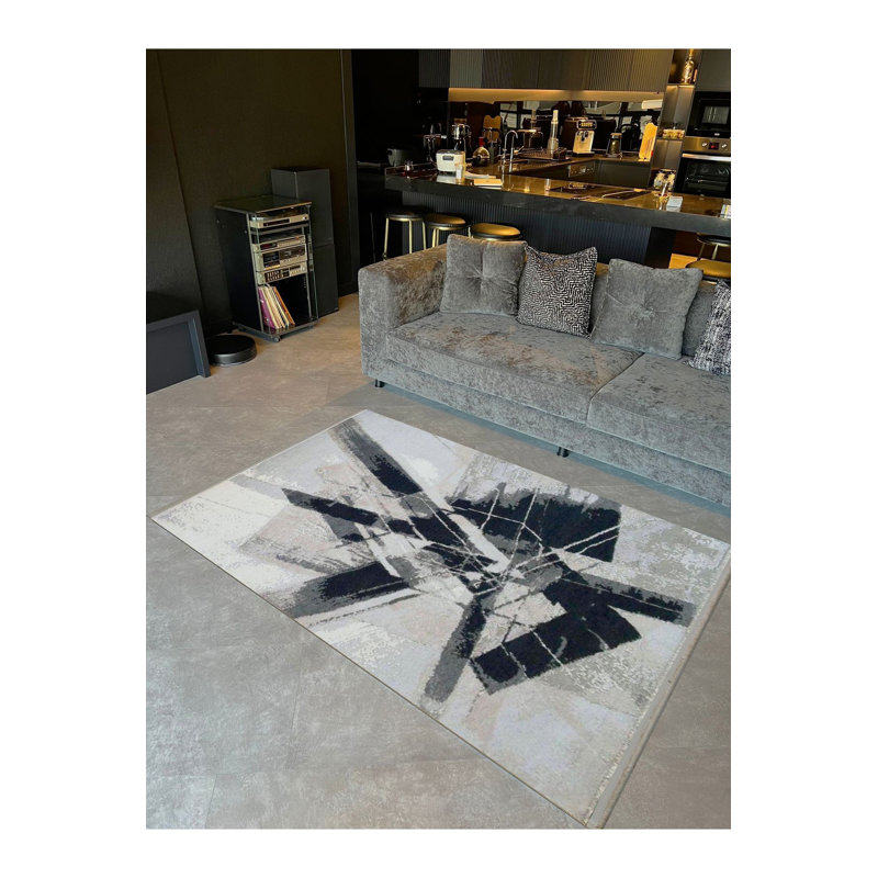 Tapis noir lavable à la machine à motif abstrait graffiti à motif géométrique noir de la collection Barcelona