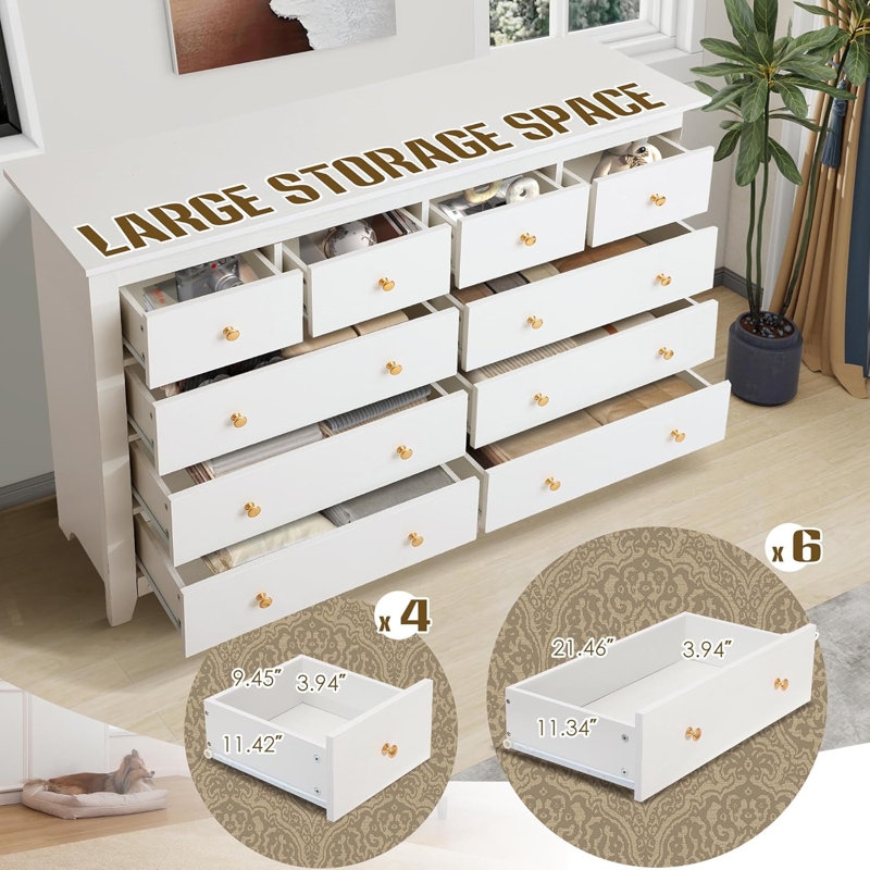 Commode 10 tiroirs pour chambre à coucher, commode 52 po avec tiroirs profonds, longue commode télé, commode de rangement moderne en bois