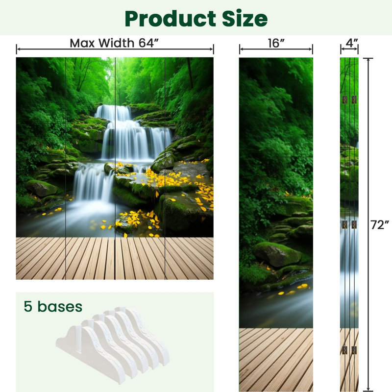 Paravent 4 panneaux pliable Royal Serene Waterfall Green Forest Moss Rocks Yellow Leaves
