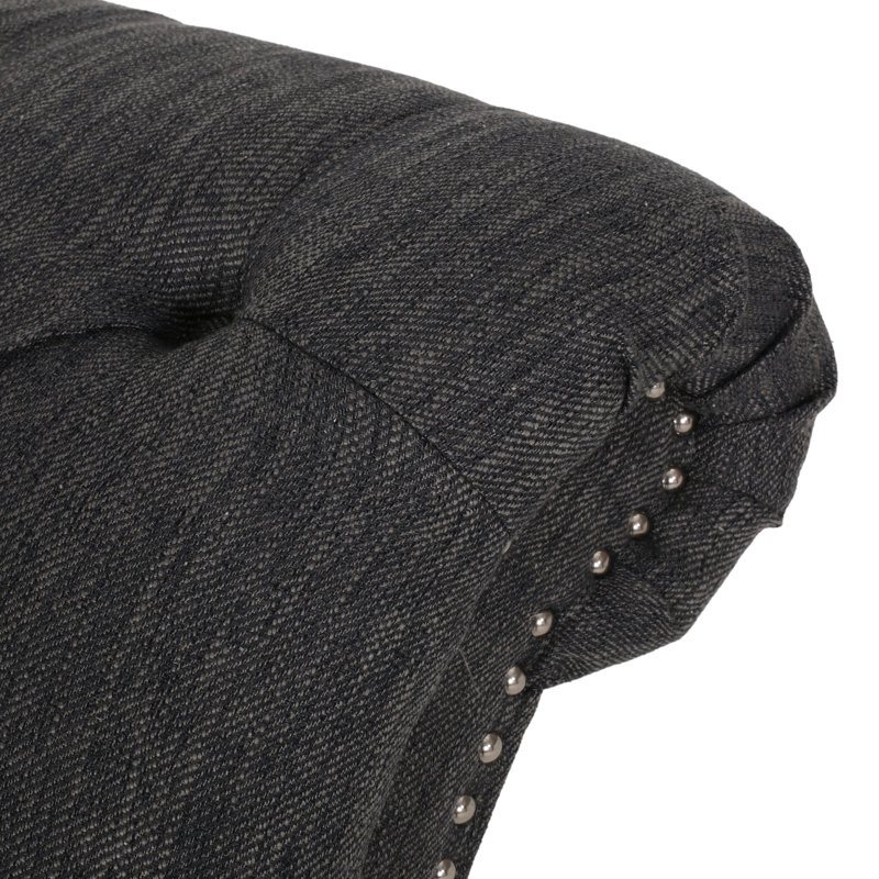 Chaise longue contemporaine, bouton et losange, style sinueux, tissu gris anthracite, pieds en bois de bouleau, conception confortable, couleur