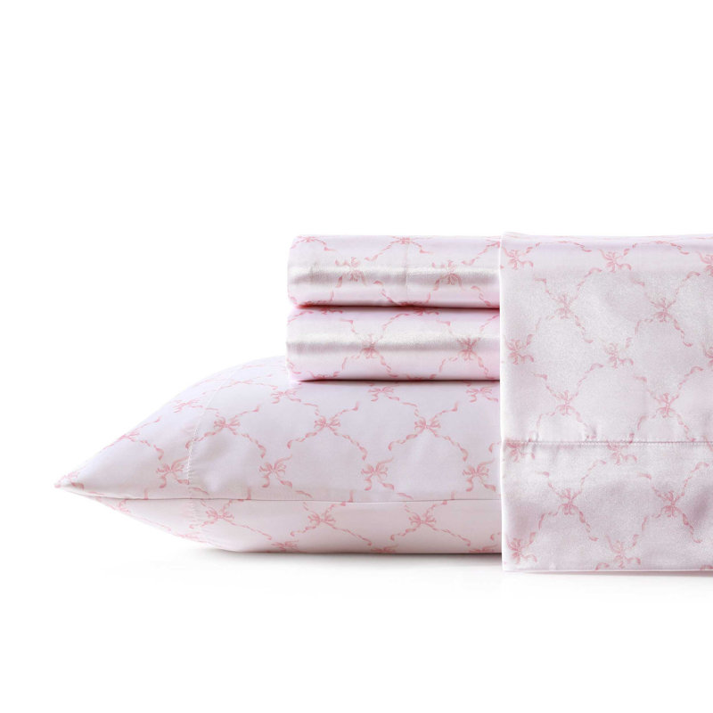 Laura Ashley imprimé, Ensemble de draps pour grand lit avec 2 taies d'or, Ruban rose
