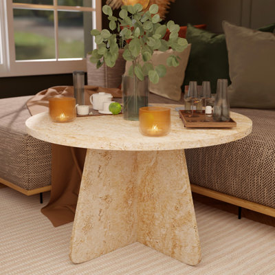 Travertine Look Round Coffee Table – Cross Legs End Table for Living Room